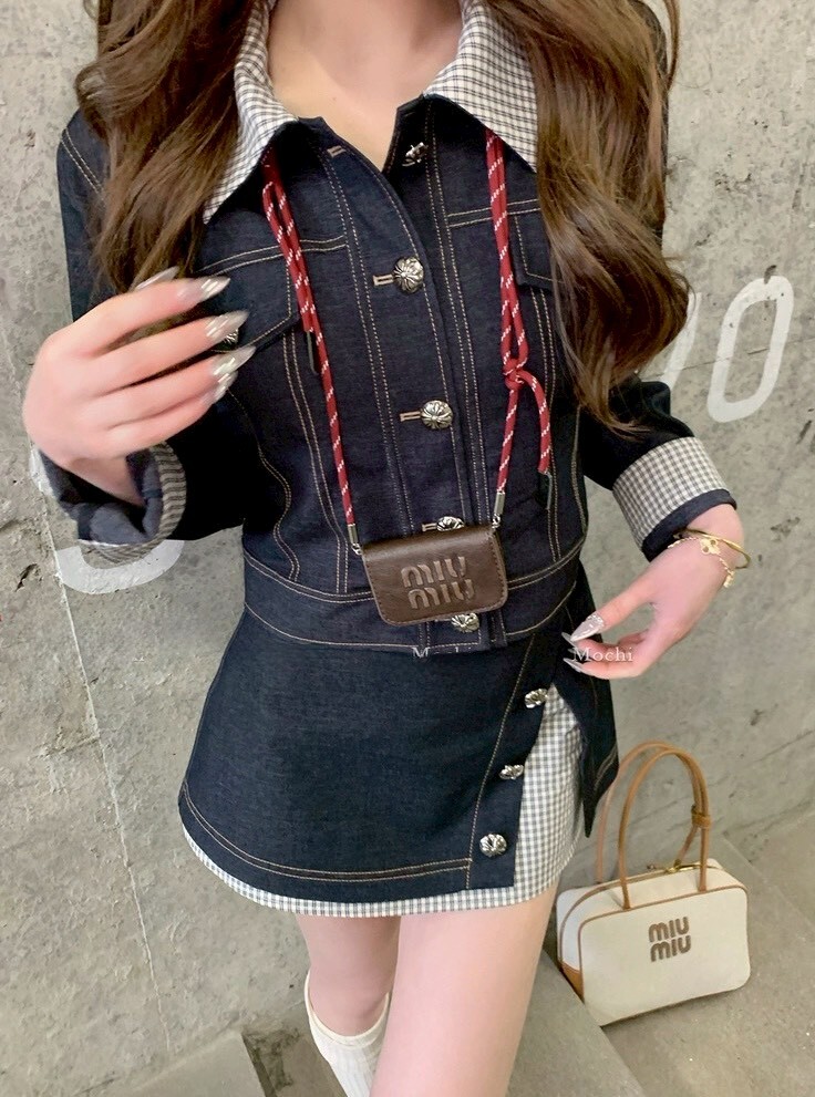 設計師家拼接格紋假兩件式丹寧套裝