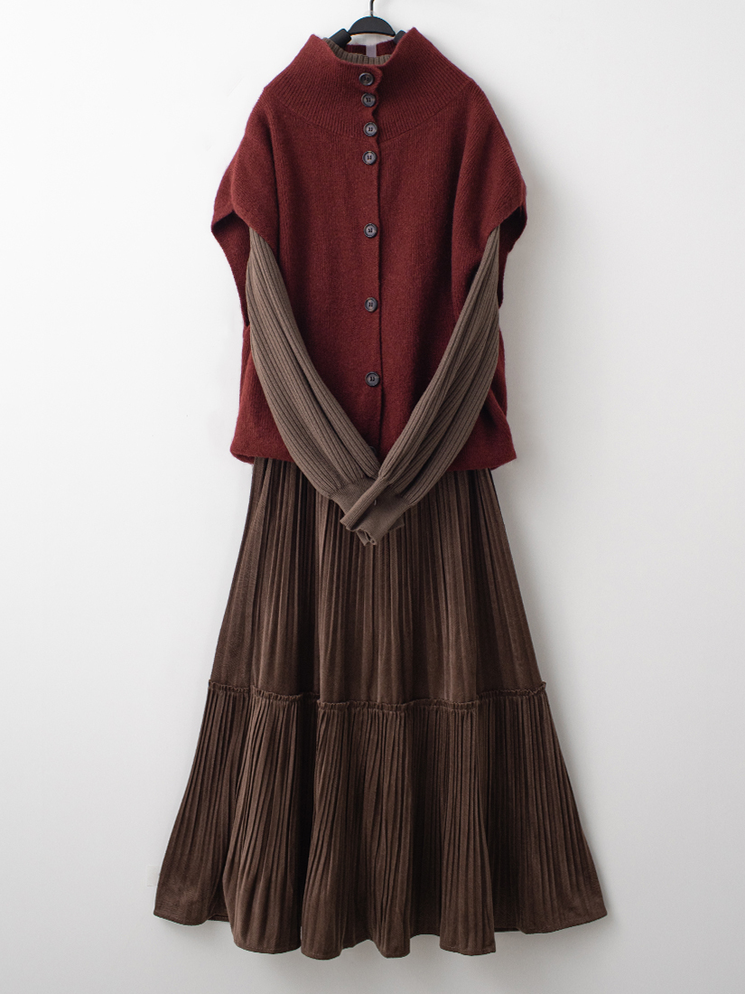 翻領針織背心泡泡袖針織毛衣紋理絨感長裙組合