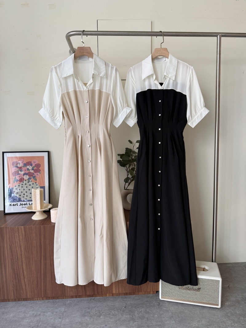 C1795-質感拼接排釦雪紡洋