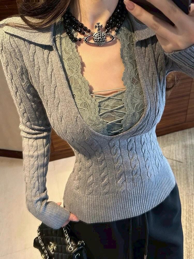 設計師罩杯繞頸蕾絲背心+麻花翻領上衣
