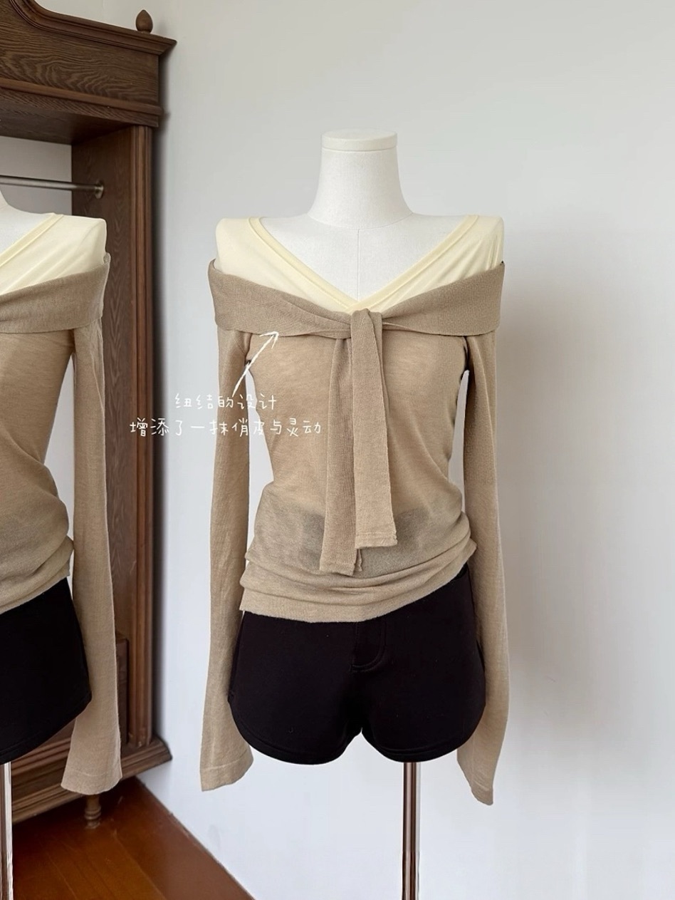 溫柔一字領網紗拼接上衣/二色