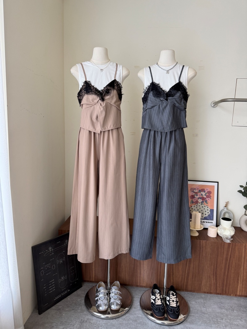 C1783-假兩件拼接蕾絲直紋上衣+長褲SET