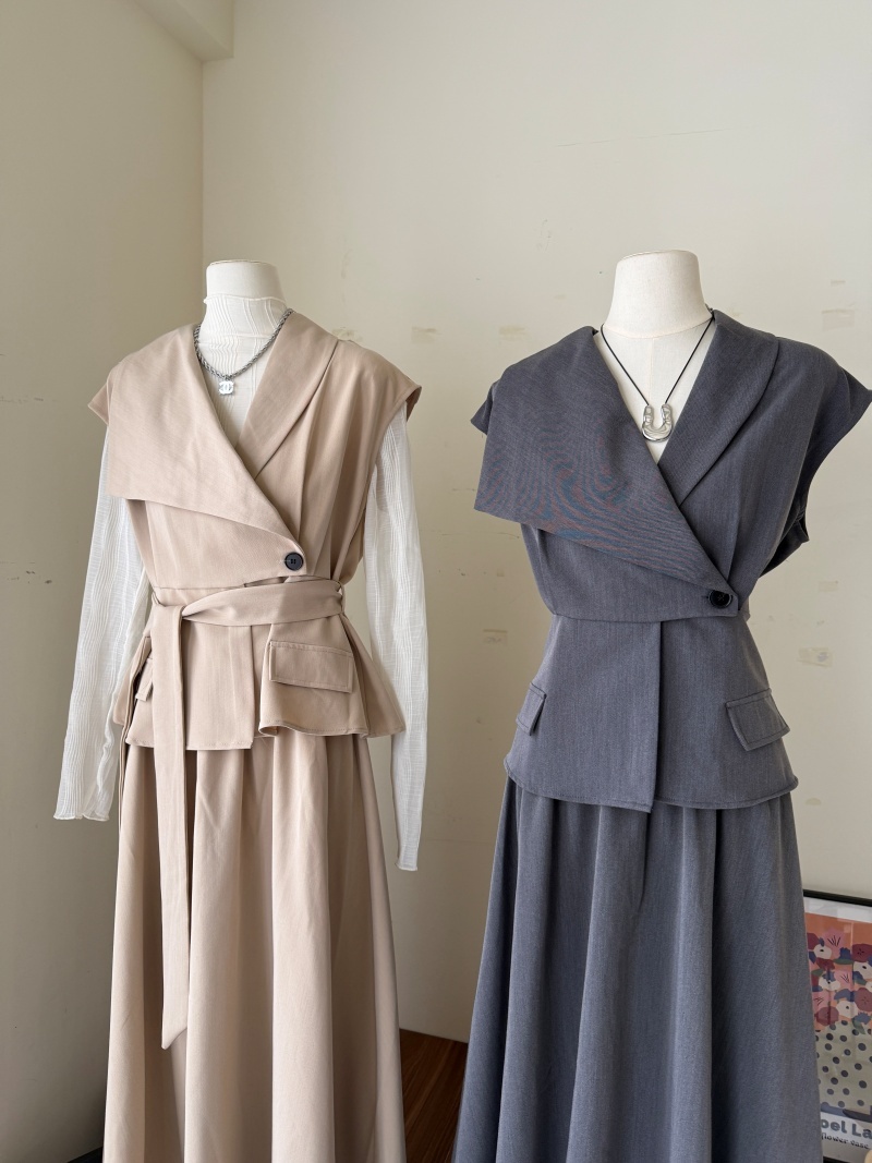 C1773-造型西裝背心+拼接網紗裙SET