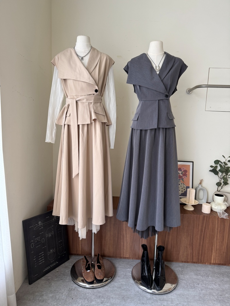 C1773-造型西裝背心+拼接網紗裙SET