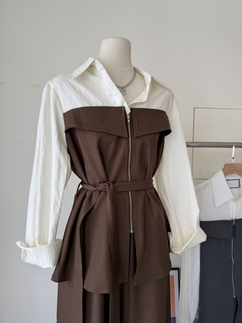 C1774-前拉鍊拼接襯衫+長褲SET