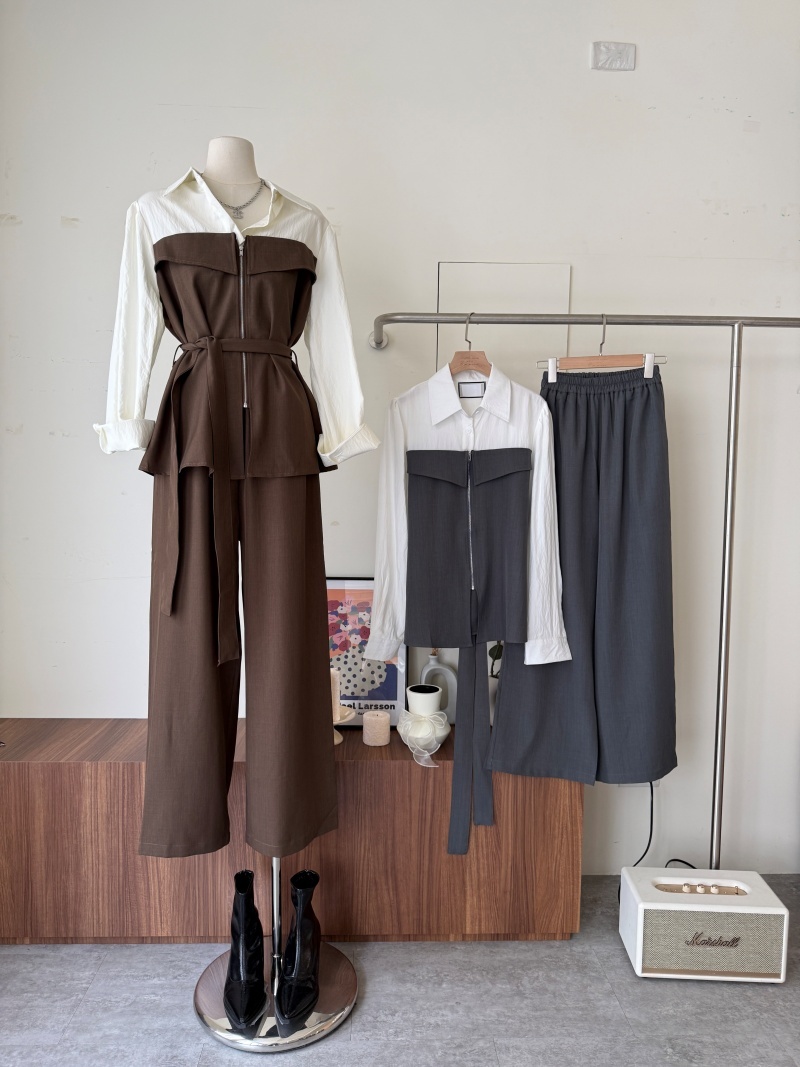 C1774-前拉鍊拼接襯衫+長褲SET