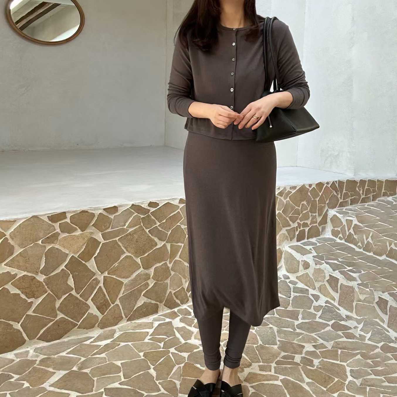 圓領排釦上衣罩衫+棉質襯裙造型長褲SET / 3色