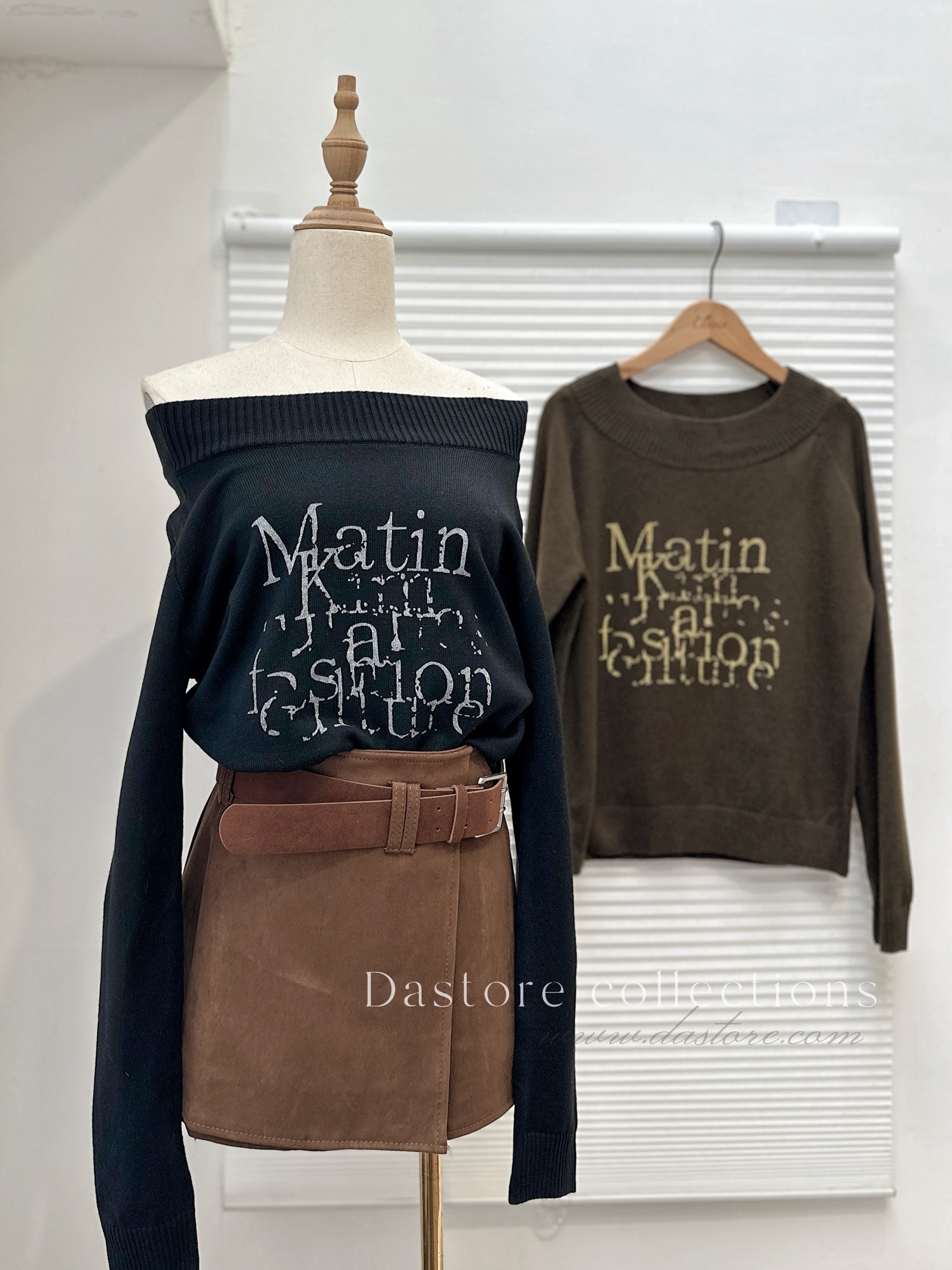 洗舊字母一字領毛衣/二色