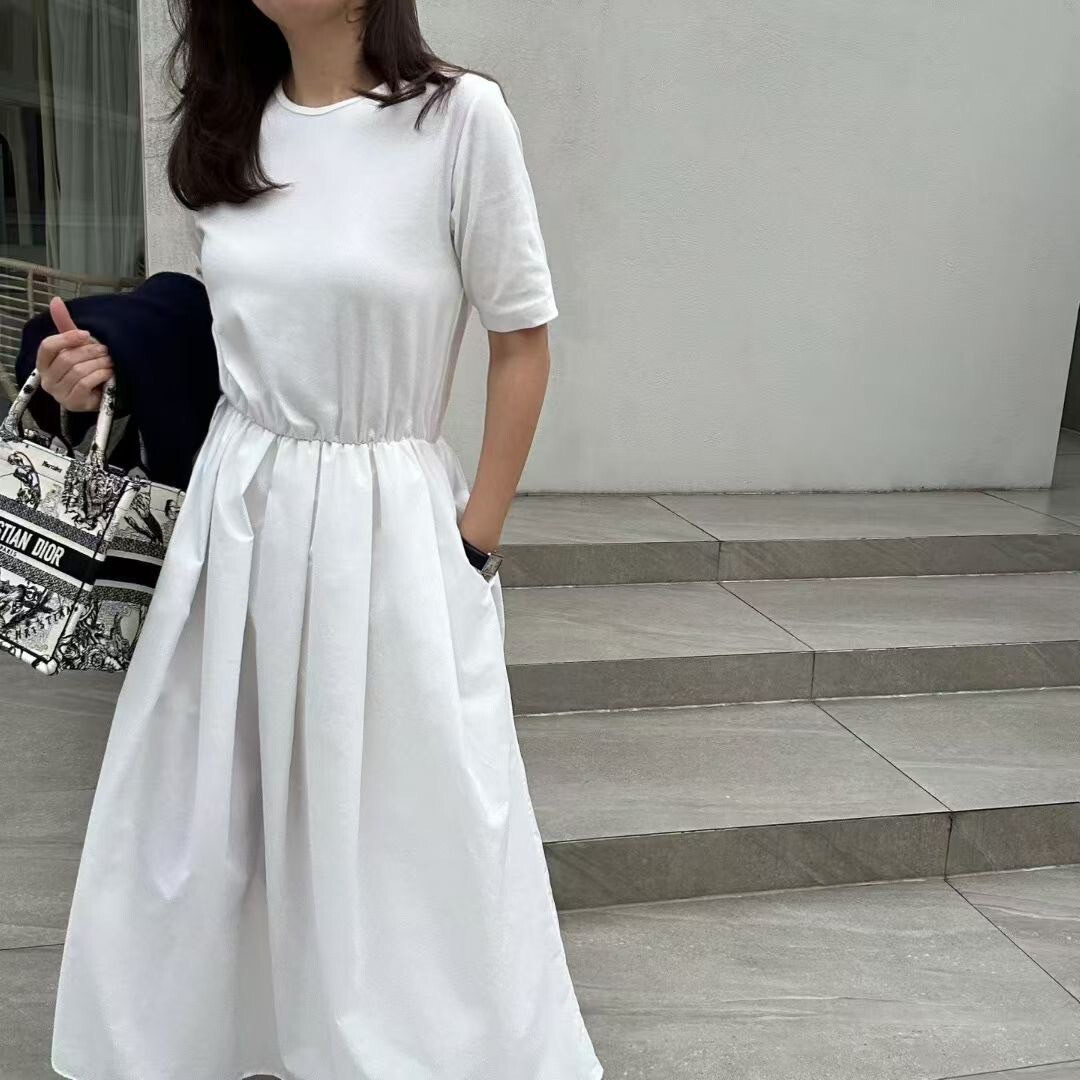簡約圓領短袖縮腰打褶裙擺長洋裝 / 2色