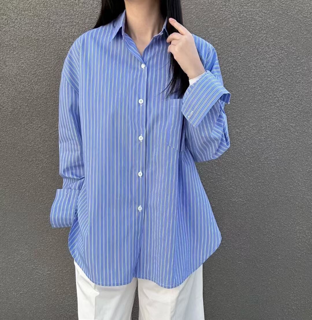 亮眼配色直條紋單口袋翻領排釦襯衫罩衫 / 2色