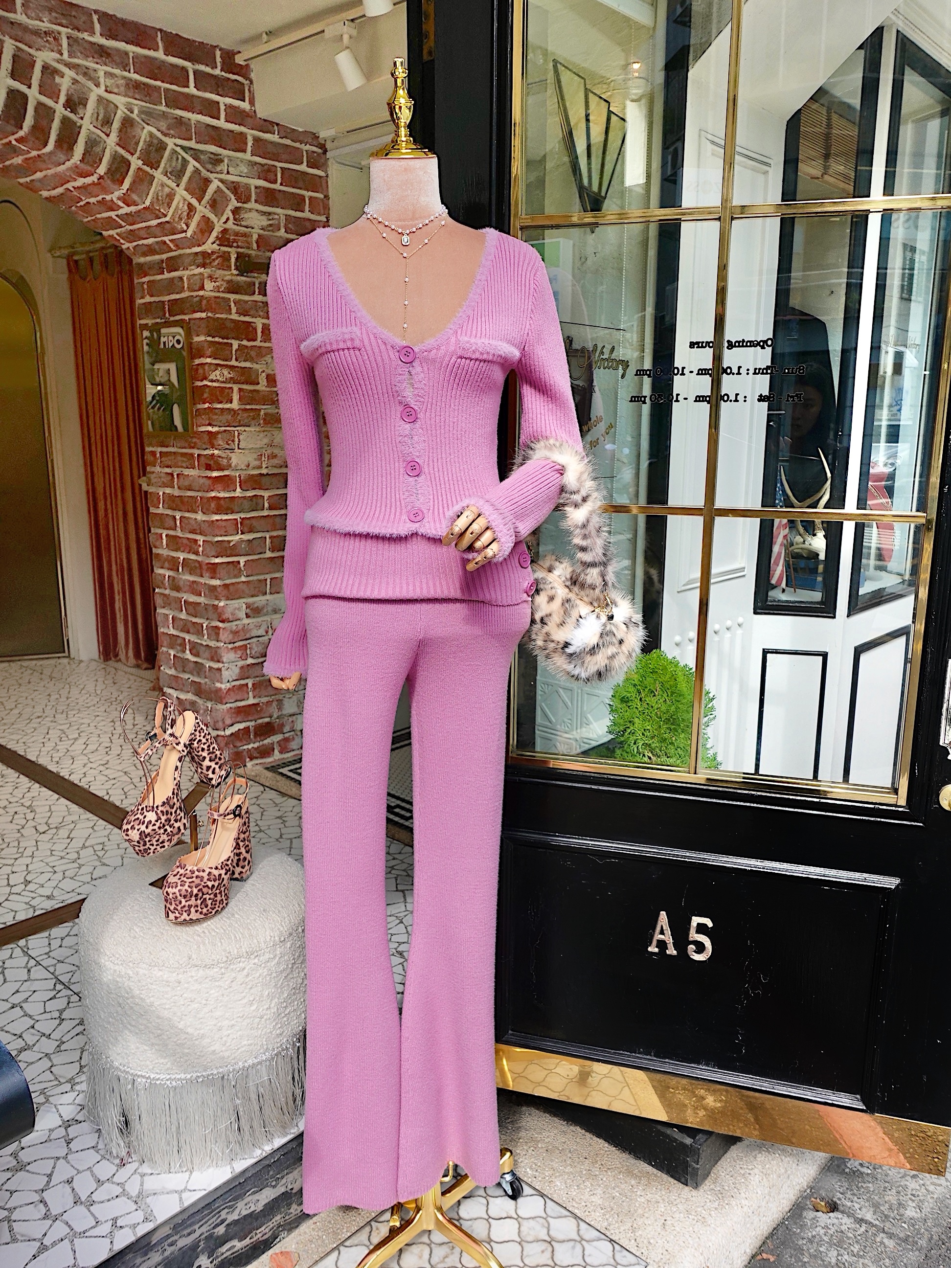 Alice紫丁香色毛毛飾邊針織上衣+長褲套装