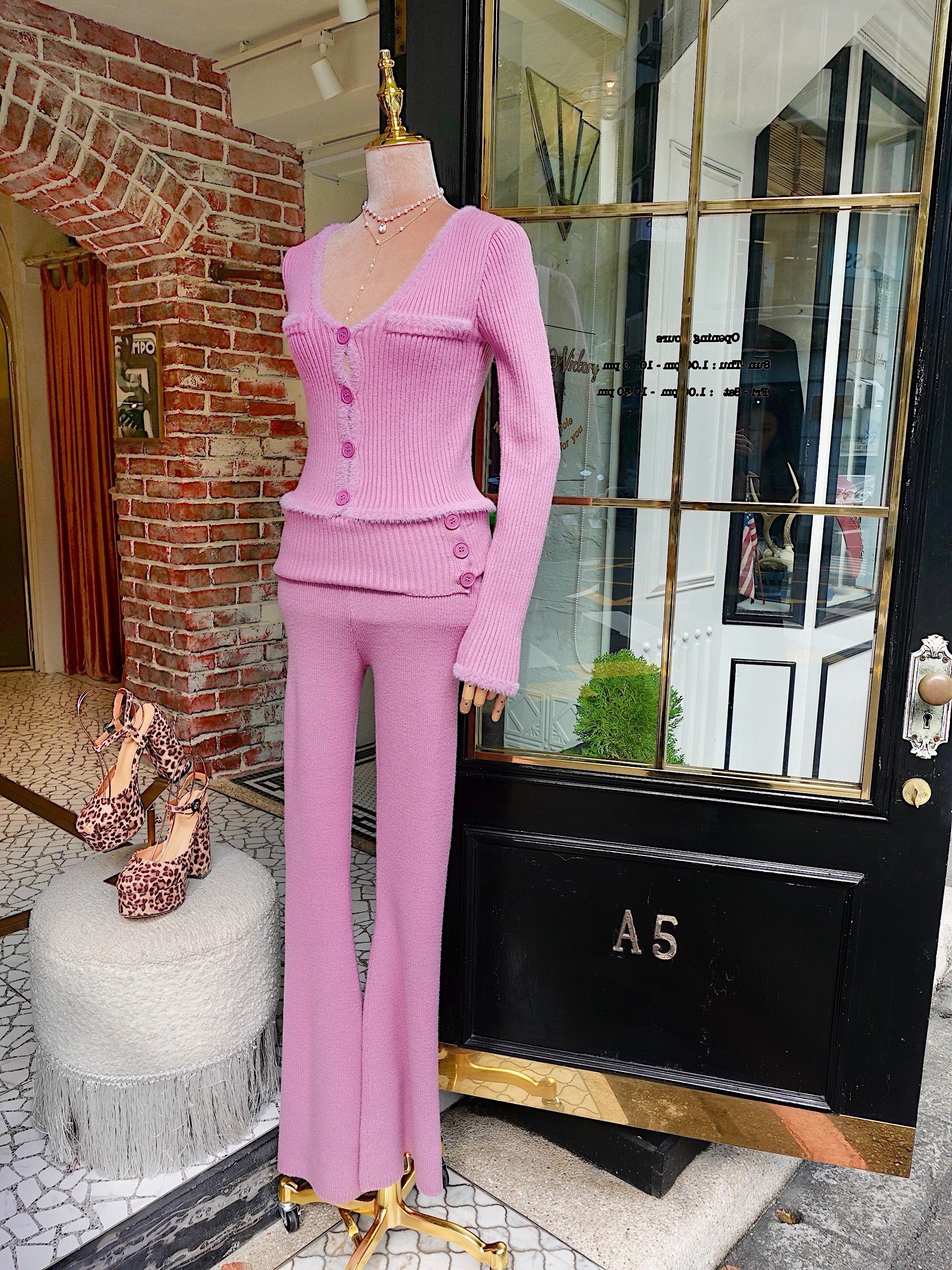 Alice紫丁香色毛毛飾邊針織上衣+長褲套装