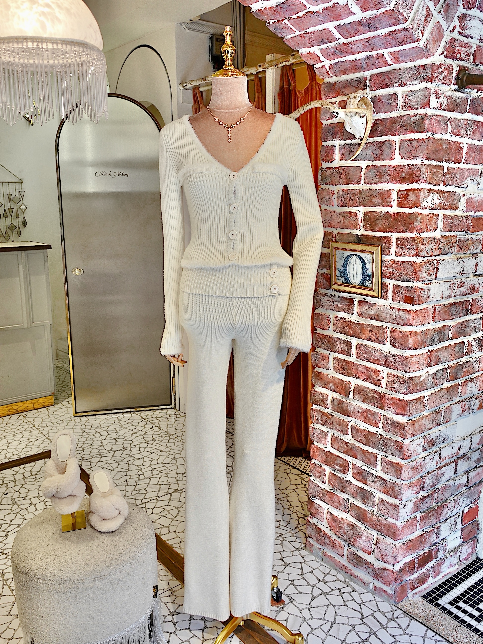 Alice奶油白色毛毛飾邊針織上衣+長褲套装