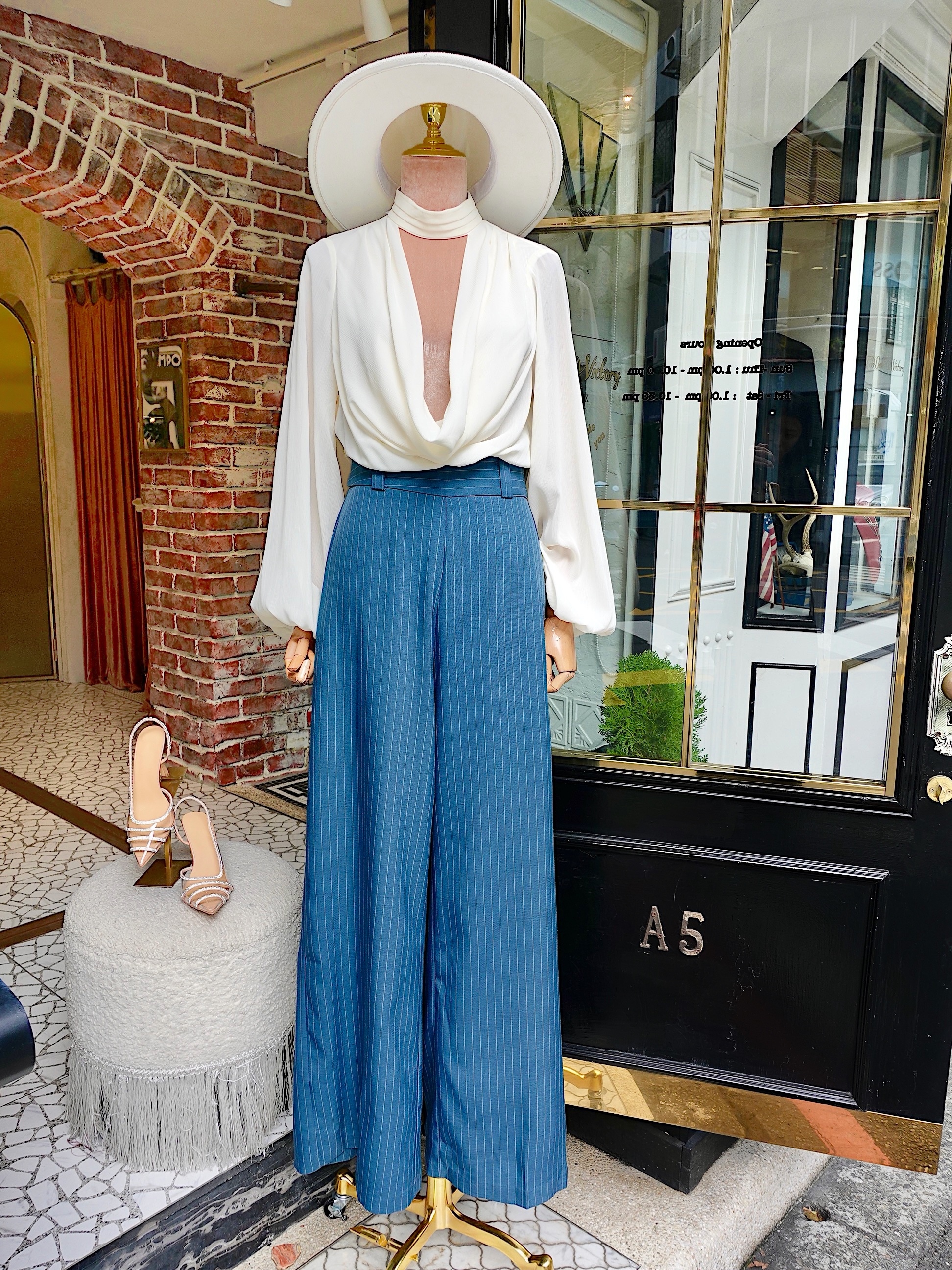 Sky Blue藍白色雪紡紗垂領繞脖條紋連身長寬褲Jumpsuit