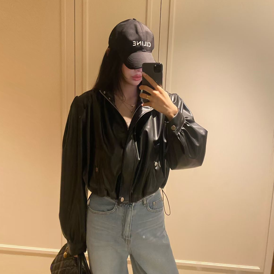 復古女子縮腰拉鍊立領造型PU皮革外套皮衣 / 2色