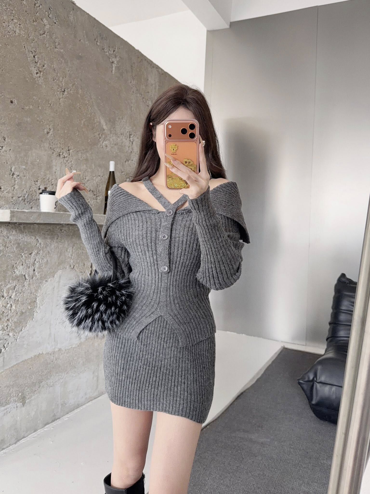 辣妹掛脖一字肩短裙針織套裝🧧