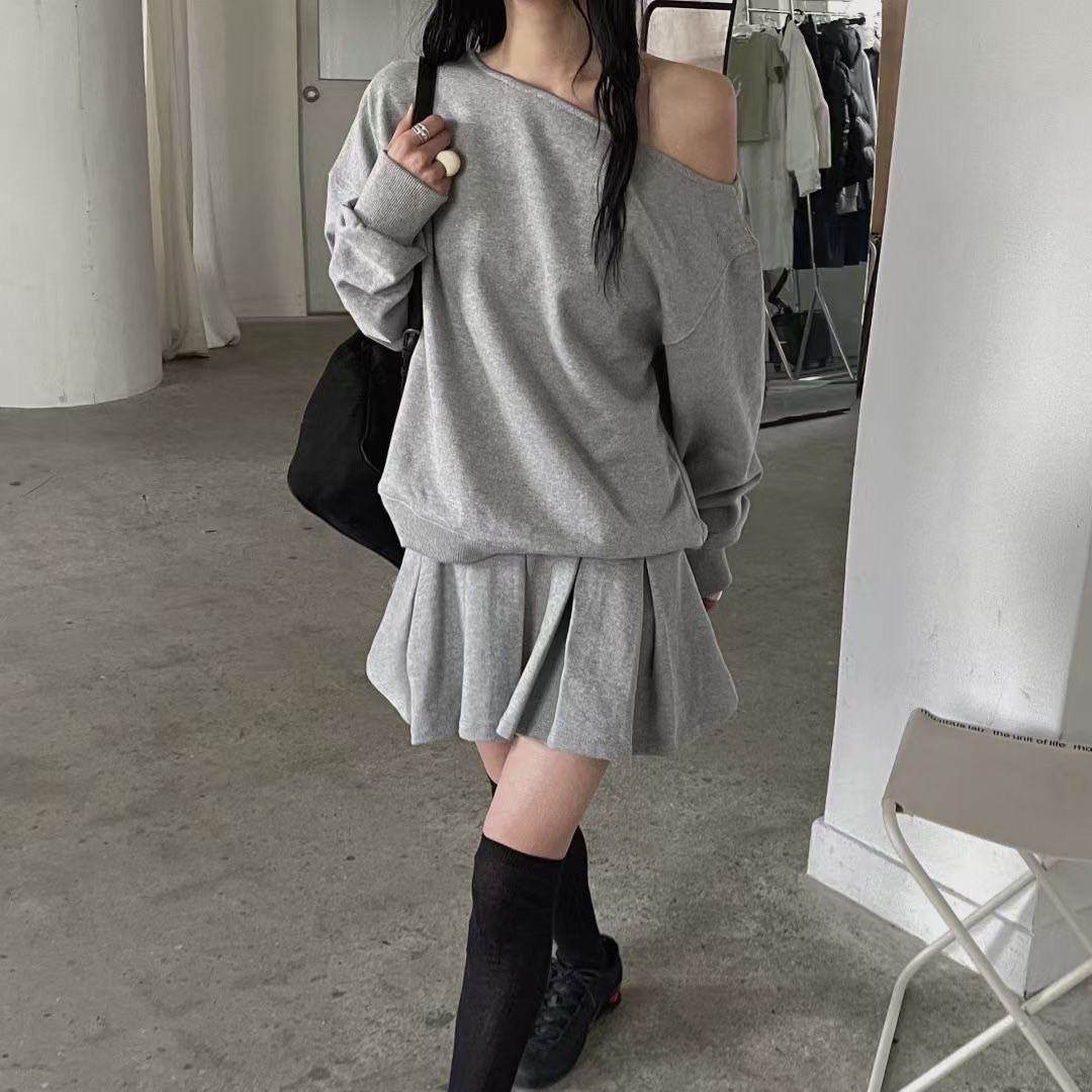 可愛女子露肩衛衣大學TEE+百摺短褲裙SET / 2色