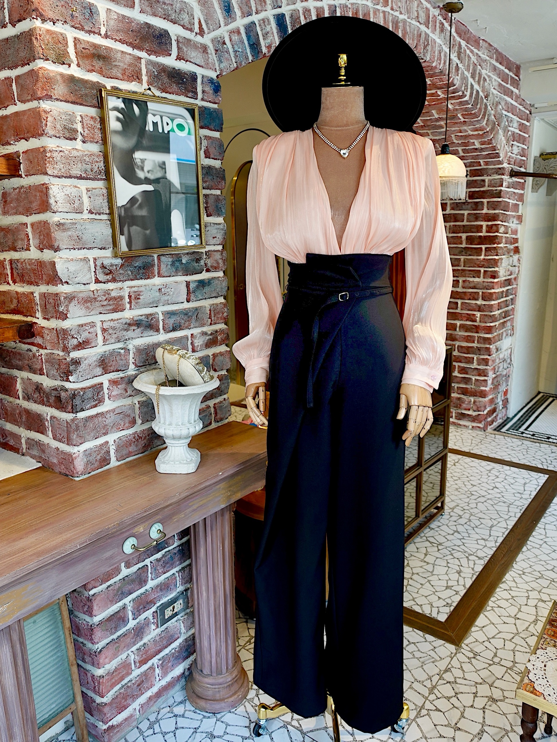 Peach粉蜜桃黑色雪紡絲襯衫腰帶連身長褲