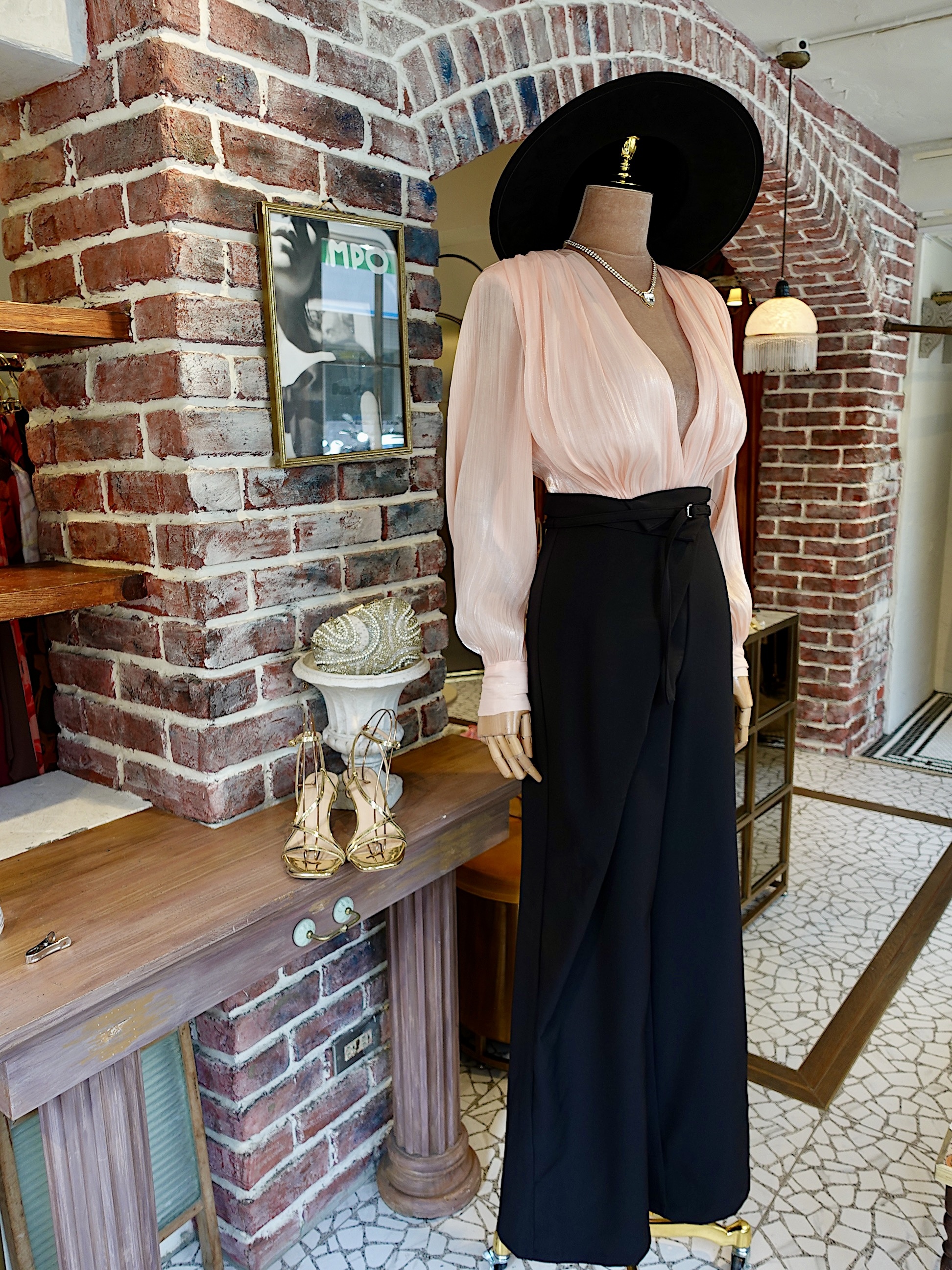 Peach粉蜜桃黑色雪紡絲襯衫腰帶連身長褲