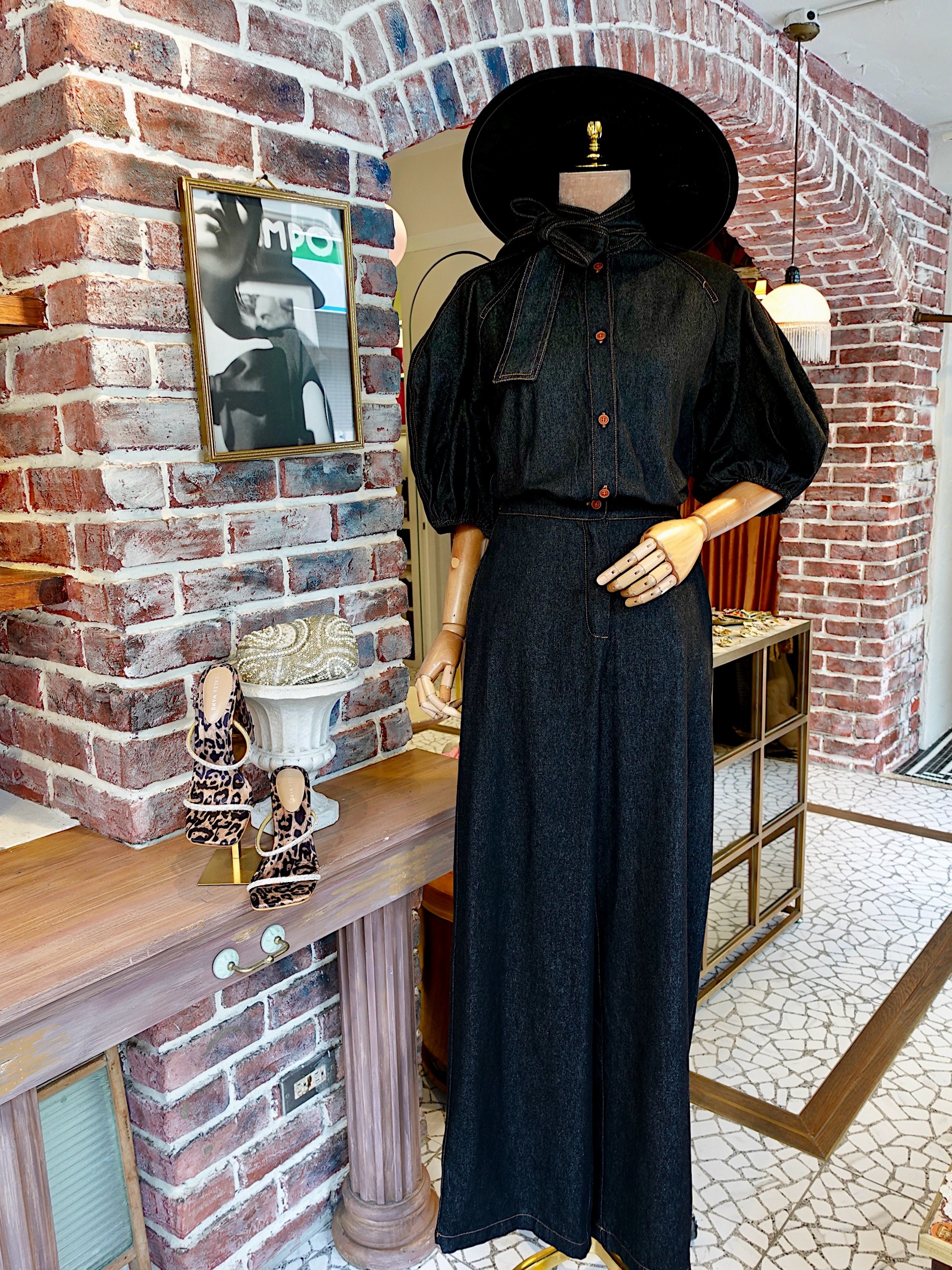 Denim深單寧藍色袍袖領巾連身長褲