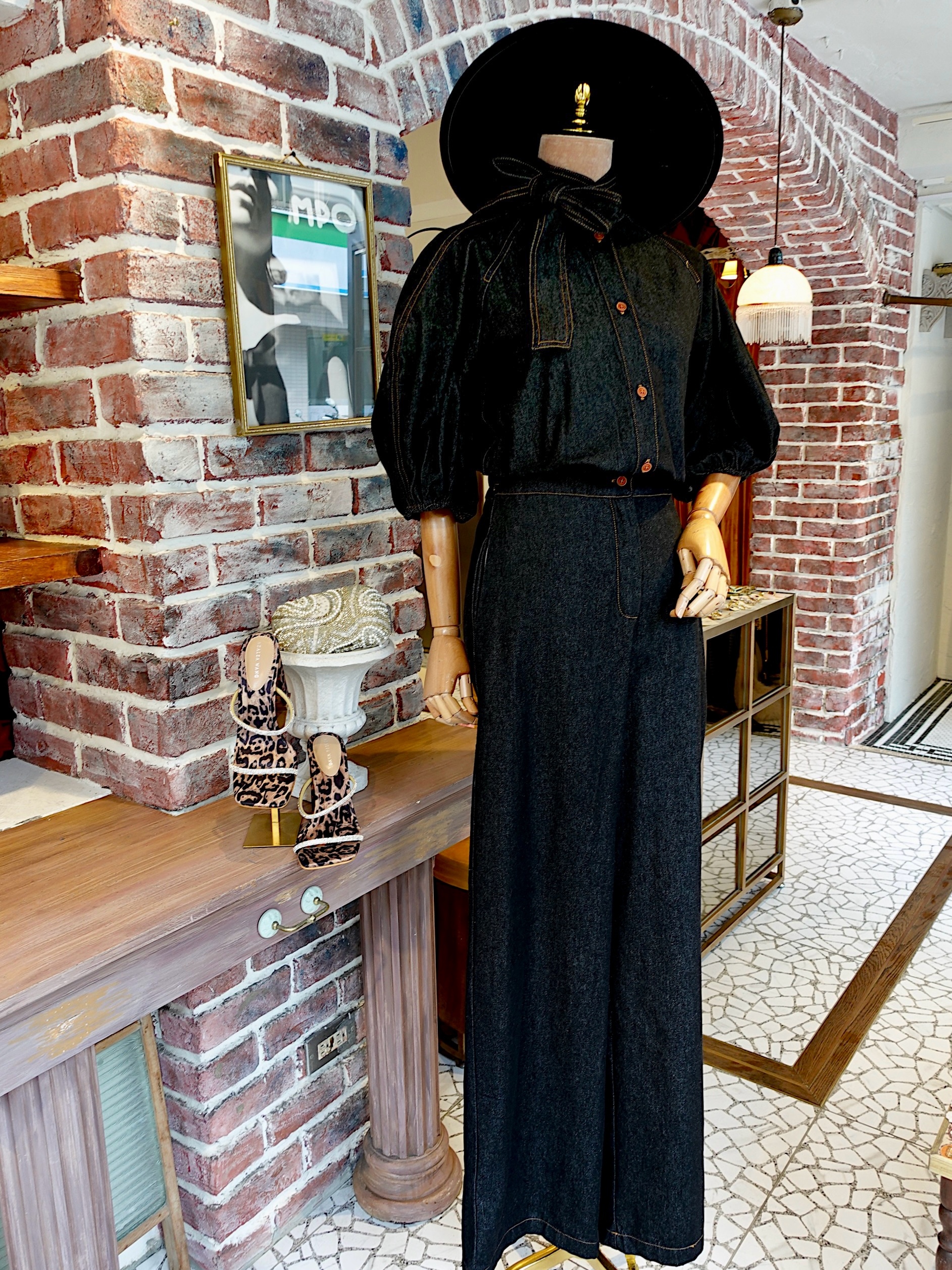 Denim深單寧藍色袍袖領巾連身長褲