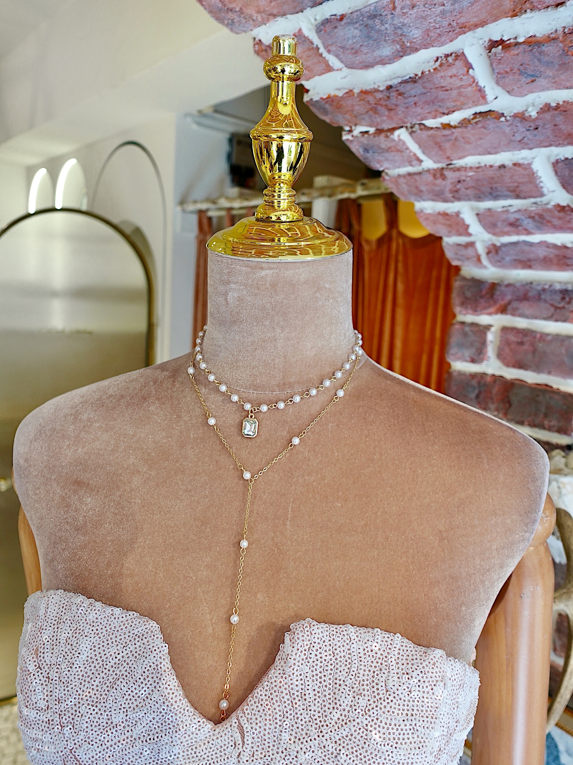 Lux Gold金色珍珠寶石水鑽十字架墜飾項鍊