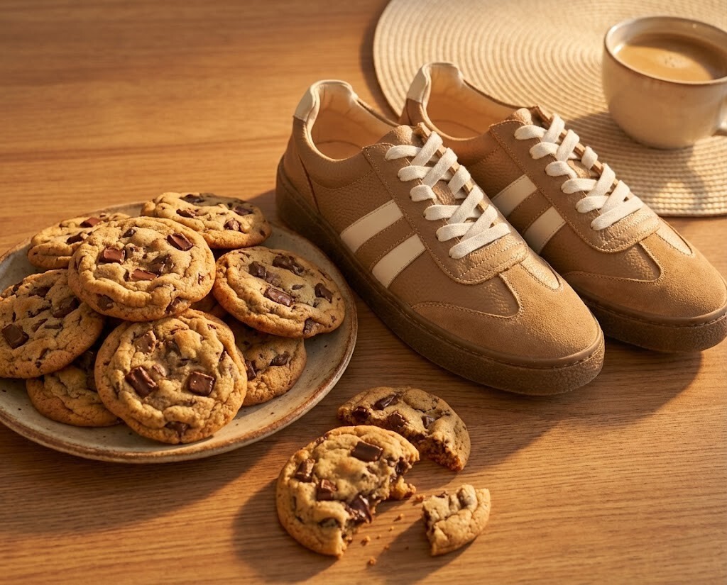 Sanly Joy 真皮厚底德訓餅乾鞋特寫，展示 2026 流行胖胖鞋趨勢，獨特餅乾鞋底紋路結合經典 GAT 設計，打造療癒可愛的日系球鞋。