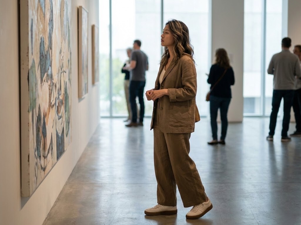 女性穿著 Sanly Joy 白色皮革德訓鞋與深色膠底，身穿亞麻材質的咖啡色西裝套裝，正在簡約明亮的美術館內專注地觀賞牆上的抽象畫作。