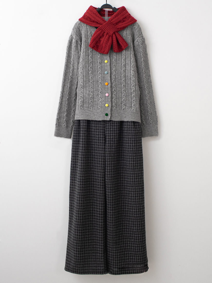 麻花織紋針織上衣中高腰磨毛格紋長褲組合