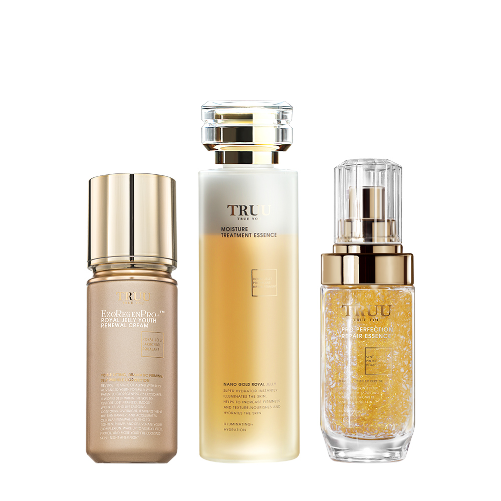 UU016 TRUU 蜂王乳外泌體青春再生乳液50ML+蜂王乳極潤修護精華露150ML+黃金胜肽賦活精華45ML
