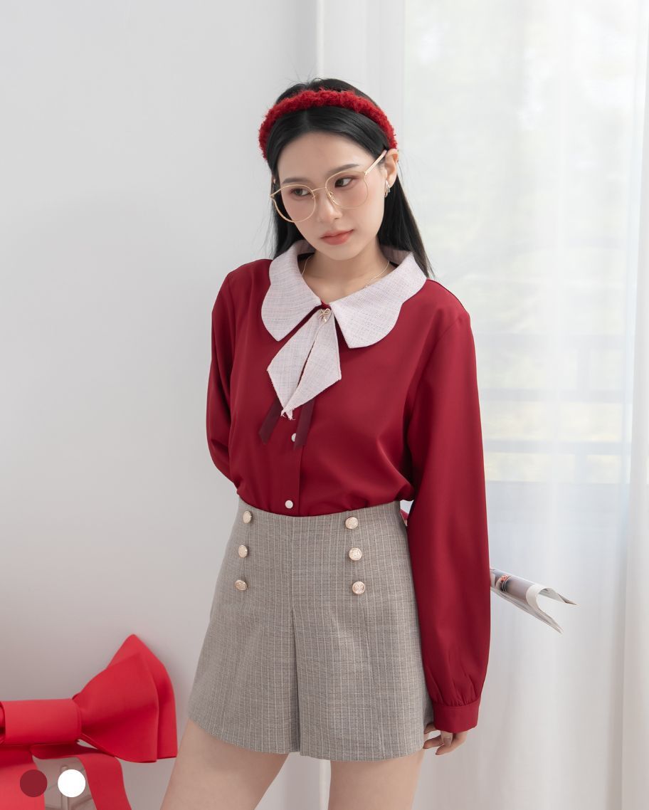 法式寬領裝飾領帶襯衫