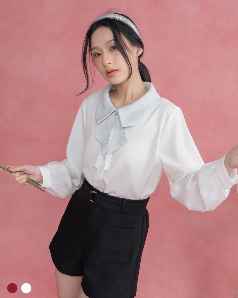 法式寬領裝飾領帶襯衫