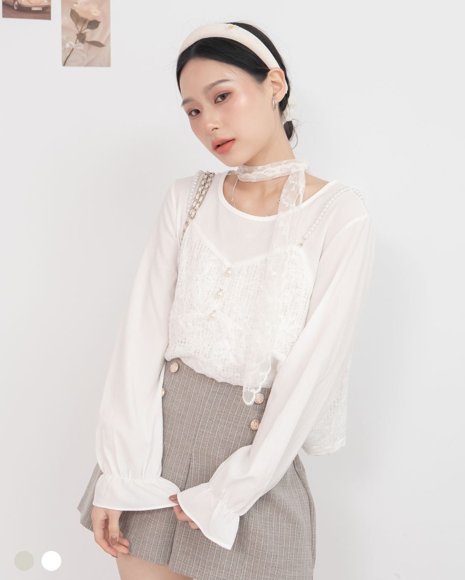 法式珍珠織花假兩件上衣