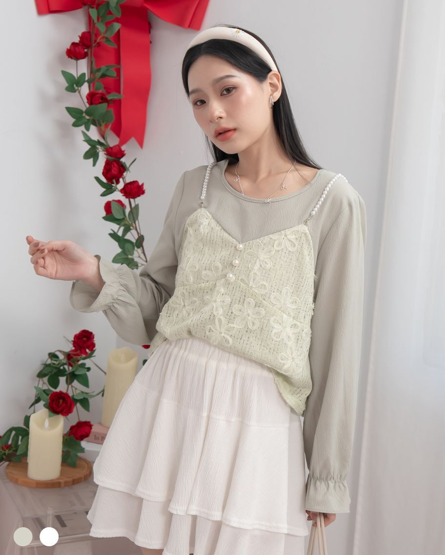 法式珍珠織花假兩件上衣