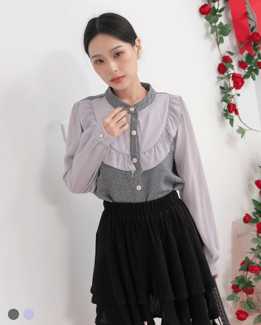 小香風花邊雪紡拼接上衣