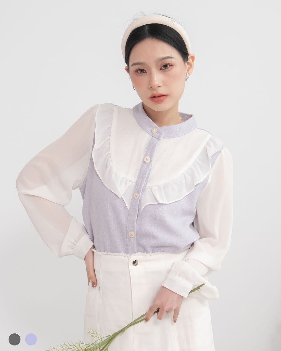 小香風花邊雪紡拼接上衣