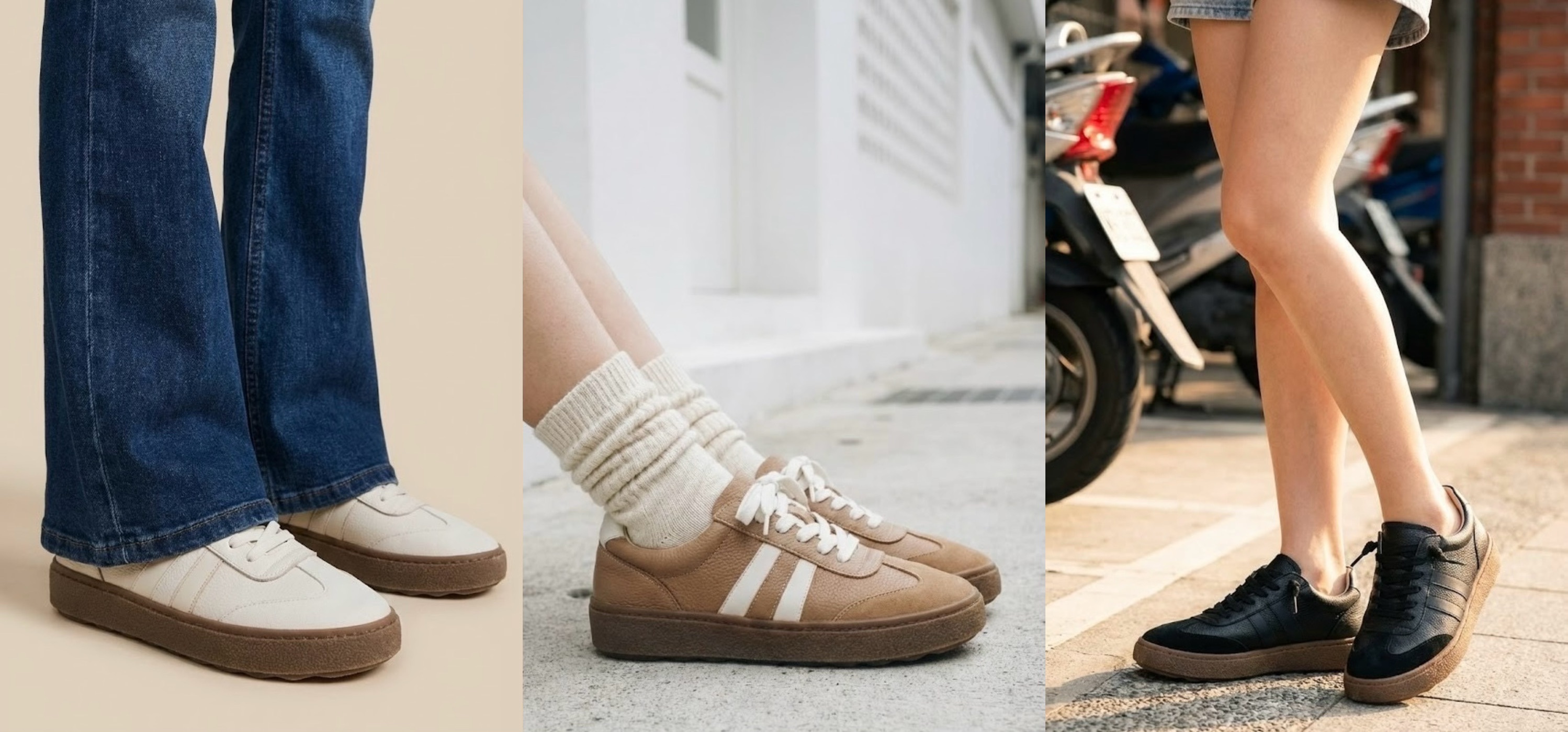 Sanly Joy 真皮厚底德訓餅乾鞋穿搭攻略，示範搭配堆堆襪、寬褲與短褲的三種造型，完美平衡胖胖鞋的份量感，展現日系與韓系流行風格。