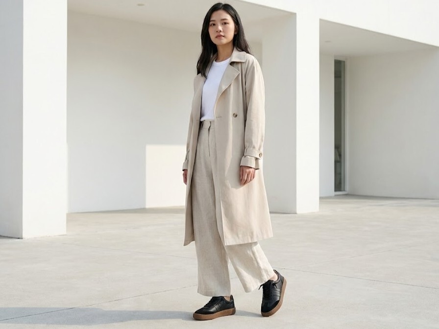 年輕女性穿著黑色荔枝紋皮革拼接麂皮的德訓運動鞋，搭配焦糖色膠底，站在純白色的極簡現代建築前。鏡頭焦點集中於鞋款的質感與俐壯的廓形，展現出休閒與時尚兼具的氛圍。