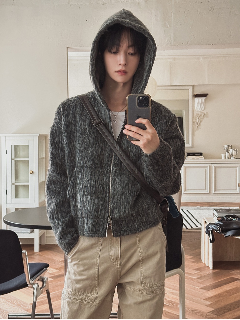 雙色馬海毛連帽夾克