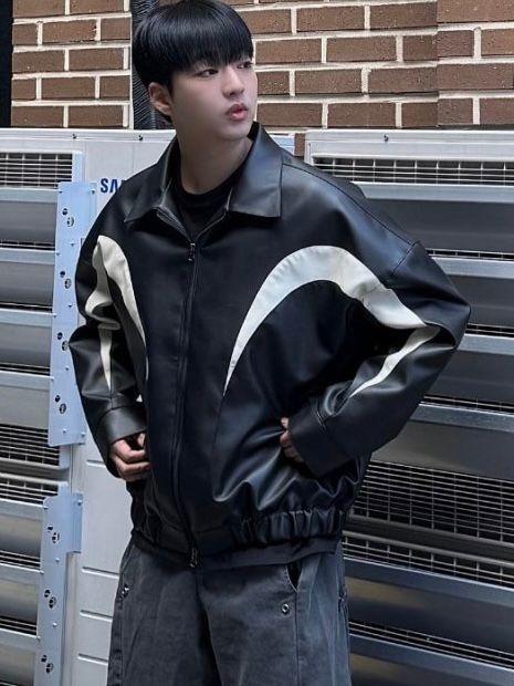 拼色反領拉鍊合成皮褸 ALLWAYS-040JK