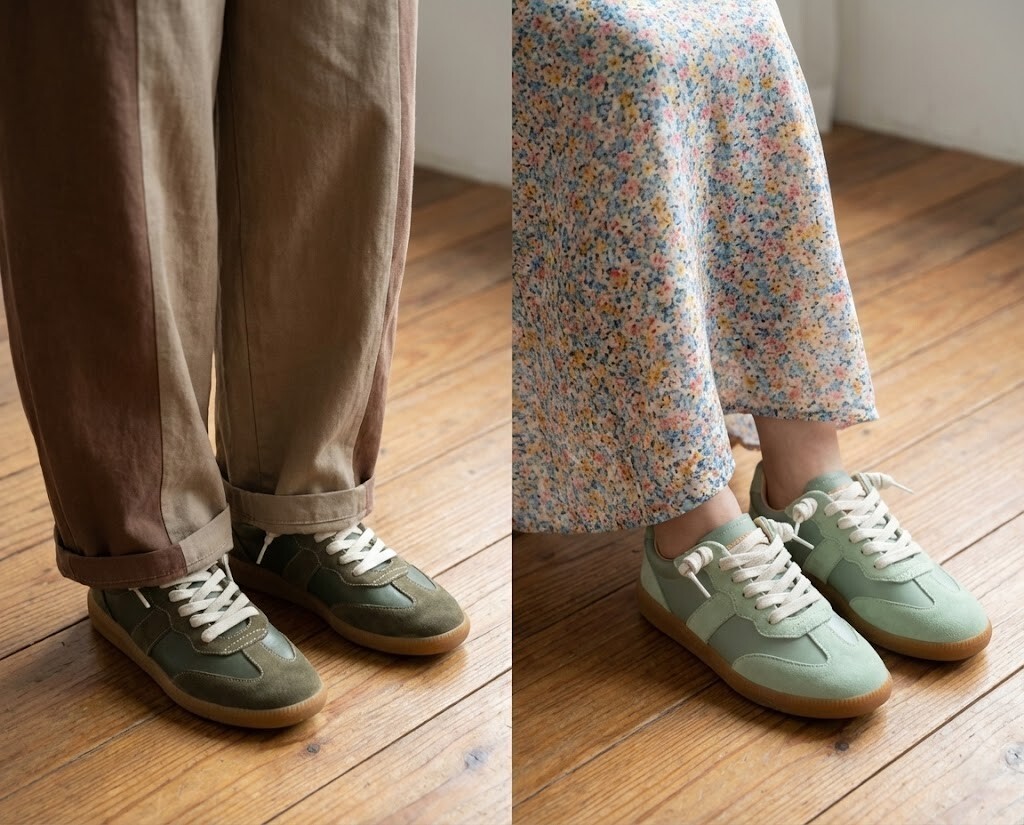綠色德訓鞋穿搭推薦，Sanly Joy 橄欖綠與薄荷綠鞋款，搭配大地色系與碎花元素，展現日系森女與山系文青的自然風格。