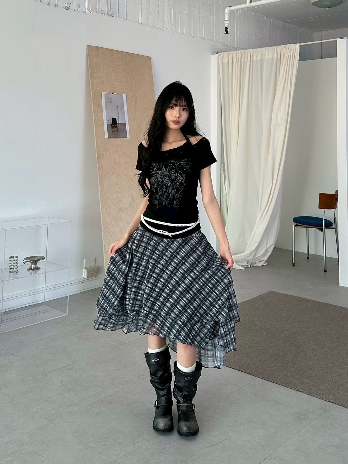 自帶仙氣不規則斜裁格紋裙