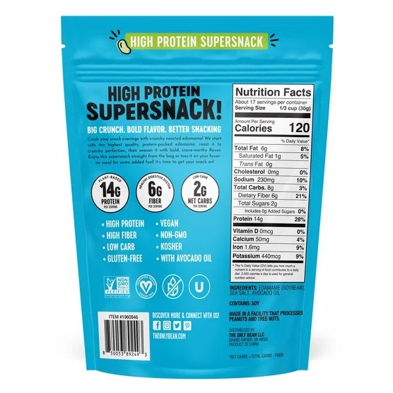 OBS317 The Only Bean Crunchy Roasted Edamame, Sea Salt, 18 oz EXP:2026/12/08