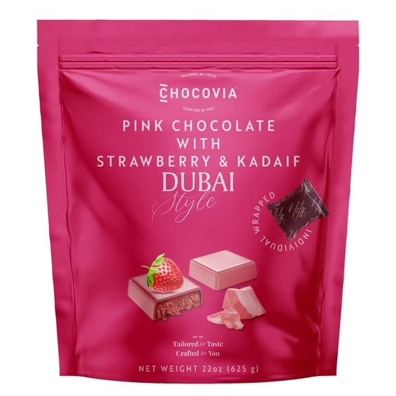 OBS318 Chocovia Pink Chocolate with Strawberry & Kadaif Dubai Style, 22 oz EXP:2027/05/19