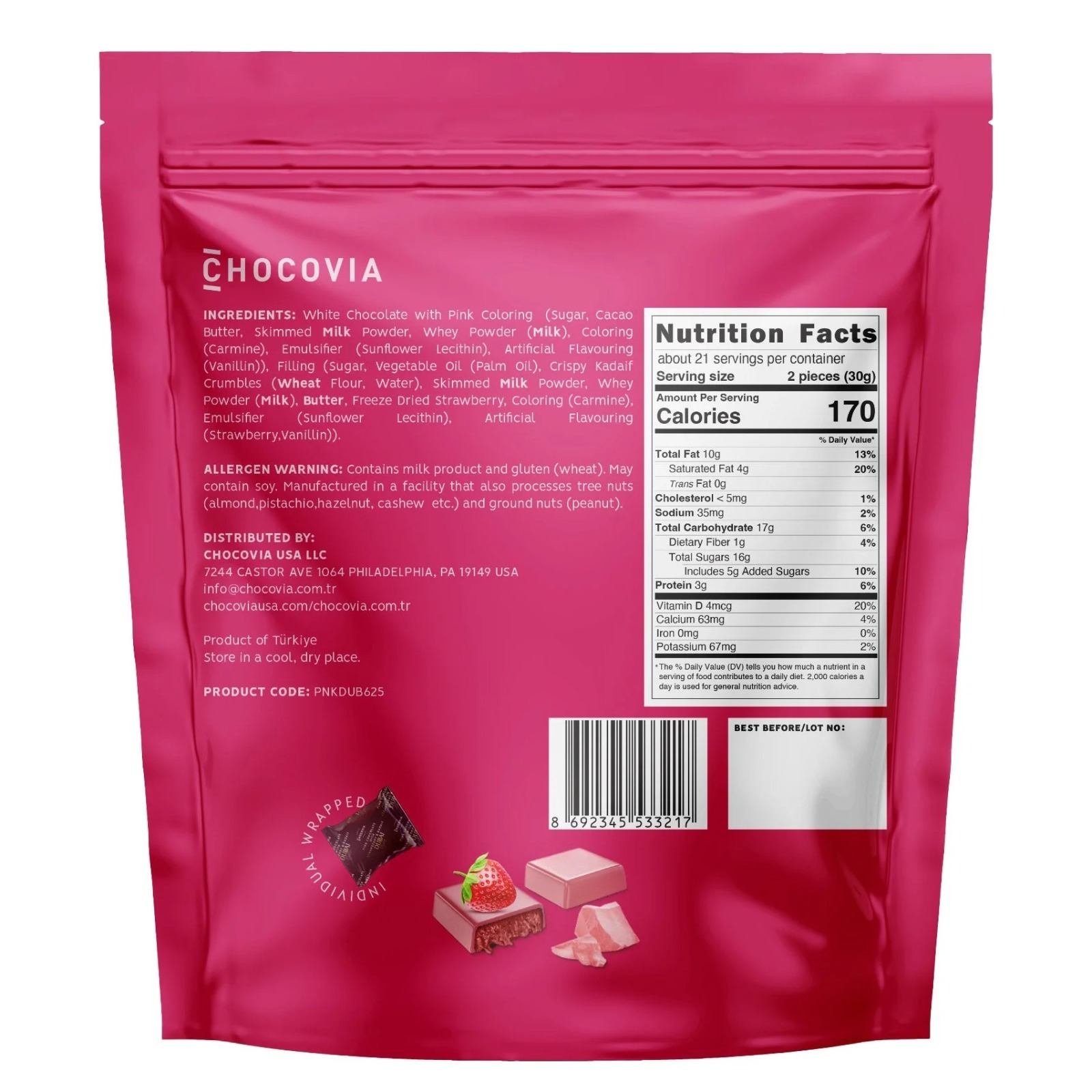 OBS318 Chocovia Pink Chocolate with Strawberry & Kadaif Dubai Style, 22 oz EXP:2027/05/19
