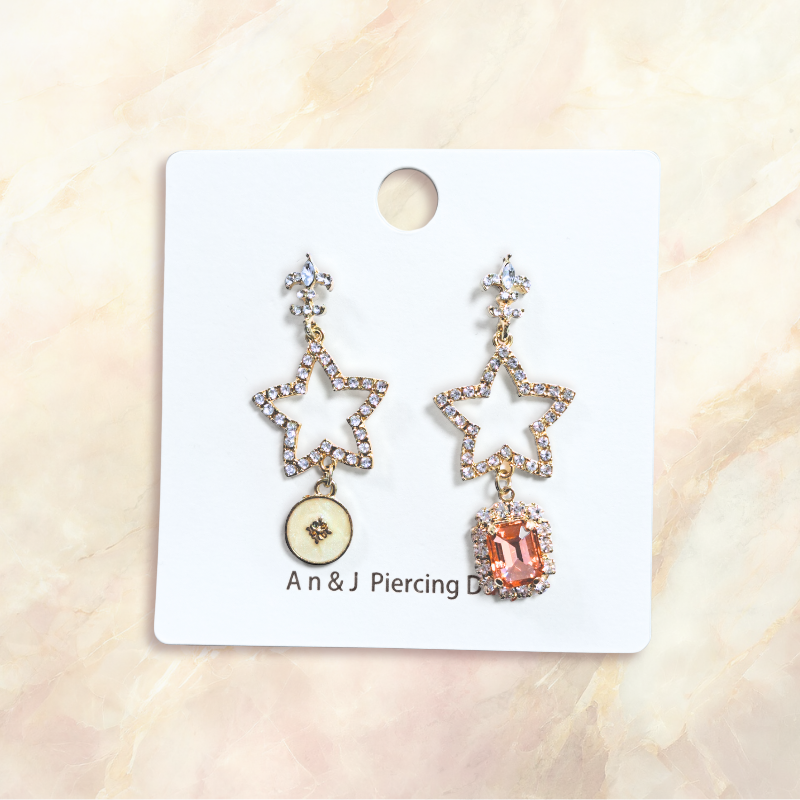 合金鋼針-不對稱 白鋯十字花下線鋯大星星框_單邊吊粉紅鋯