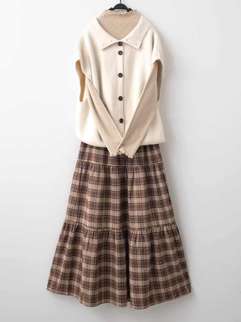 木耳邊立領上衣排釦針織背心格紋法蘭絨長裙組合