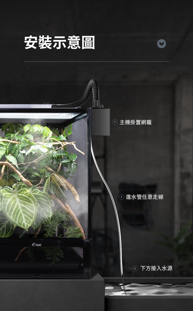 Mistella M1 安裝示意圖，主機懸掛於網籠側邊並連接外部水源，進水管自由走線配置