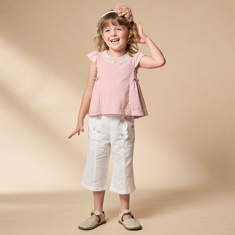 PIPPY 素雅蕾絲領片圓領短袖上衣 粉