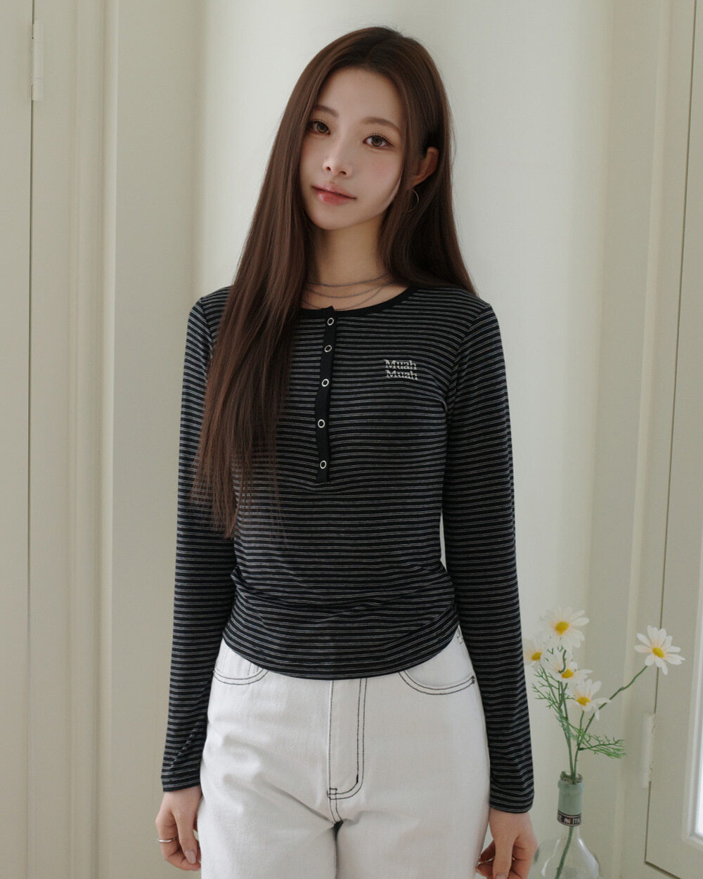 預訂｜MUAHMUAH HENLEY NECK STRIPE STITCH T-SHIRT